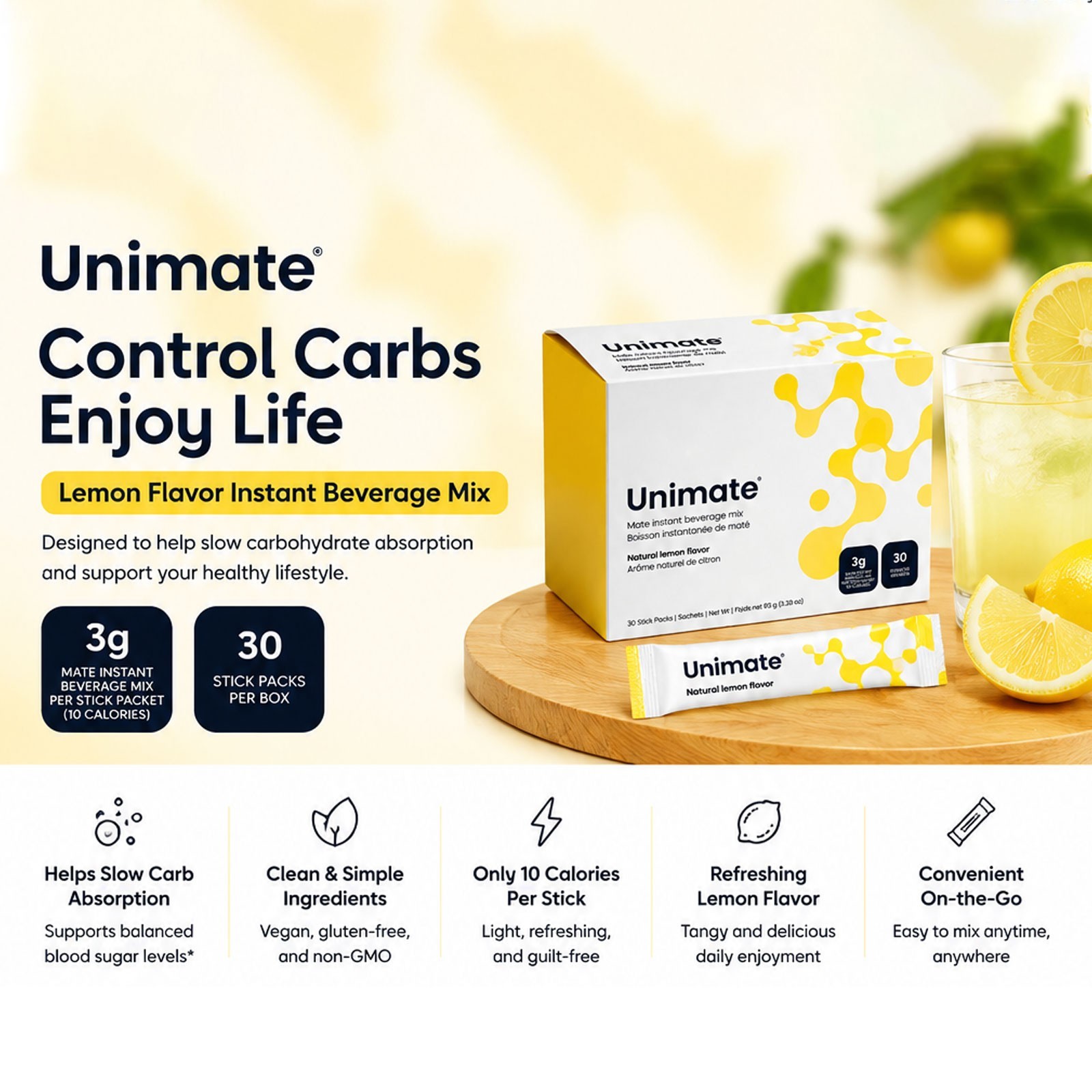 New Unimate Leamon Flavor Supplement-30 Individual Stick Packs- EnergizingQ6