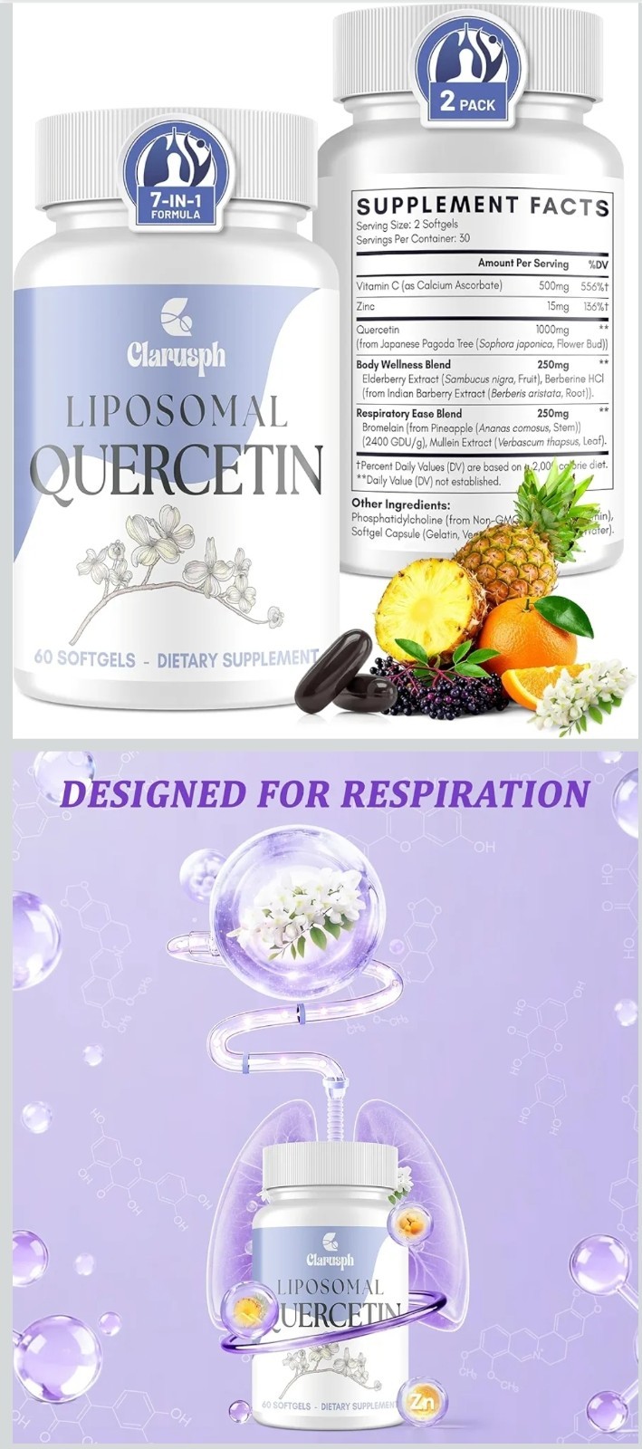 120 ct – Liposomal Quercetin Respiratory Comfort 60 x 2 Softgel 1000mg Exp 06/28