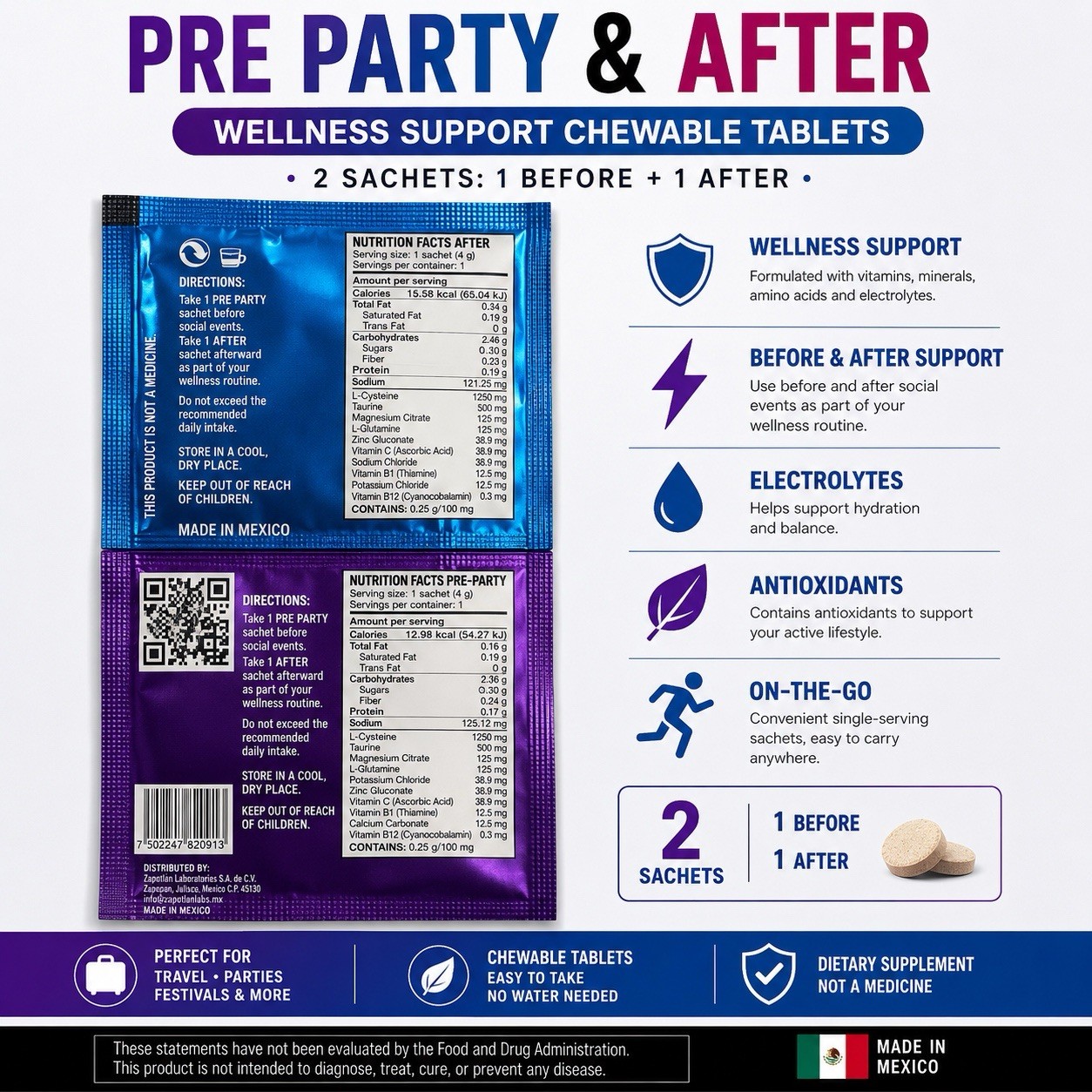 Before & After Party Wellness Support 2 Chewable Tablets Energy Recovery 4g ea