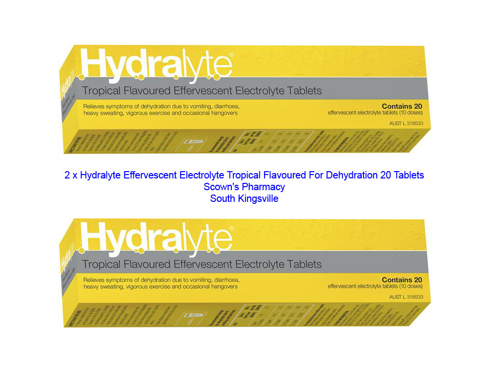 2x Hydralyte Effervescent Electrolyte Tropical Flavor For Dehydration 20 Tablets