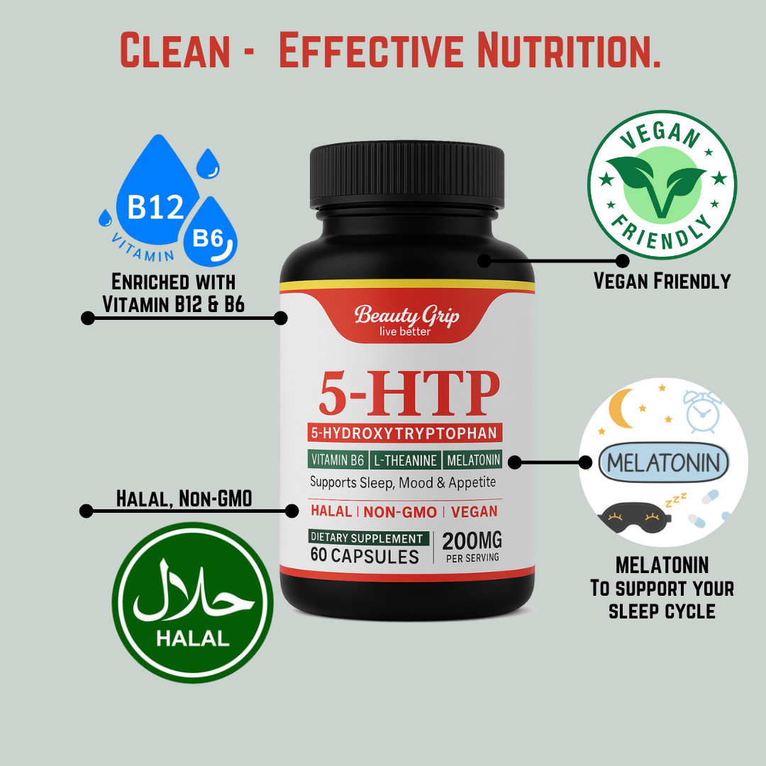 5-HTP 200mg with L-Theanine, Vitamin B6, B12 & Magnesium – Vegan, Halal, Non GMO