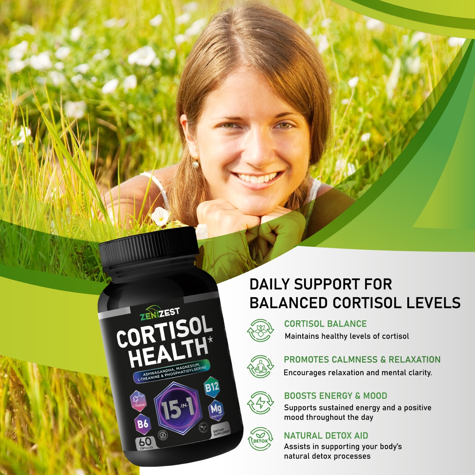 ZeniZest Cortisol Detox Supplement for Women Men – Control & Lower High Cortisol