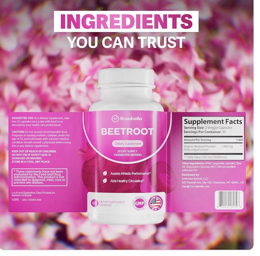 Rosabella Beetroot Dietary Supplement – 1300mg – 30 Day Supply – Exp 01/2028