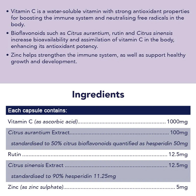 Vitamin C 1000mg – 30/60/120Capsules With Hesperidin,Zinc & Rutin Immune Support