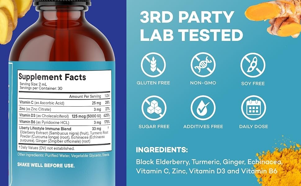 Immune Defend 8-in-1 Liquid Drops, Elderberry Turmeric Zinc, Vitamin C & D, 60mL