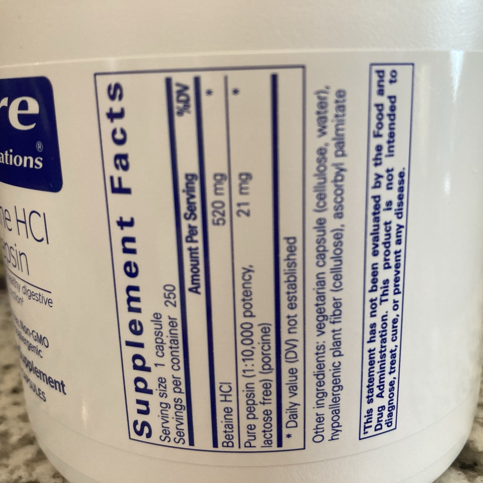 Pure Encapsulations 520mg Betaine HCl Pepsin Supplement 250 Caps New EXP 01/2027
