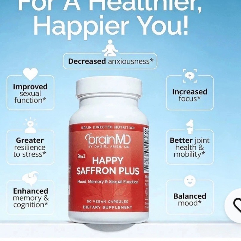 BrainMD Happy Saffron Plus 90 Vegan Capsules Mood Memory Function Supplement