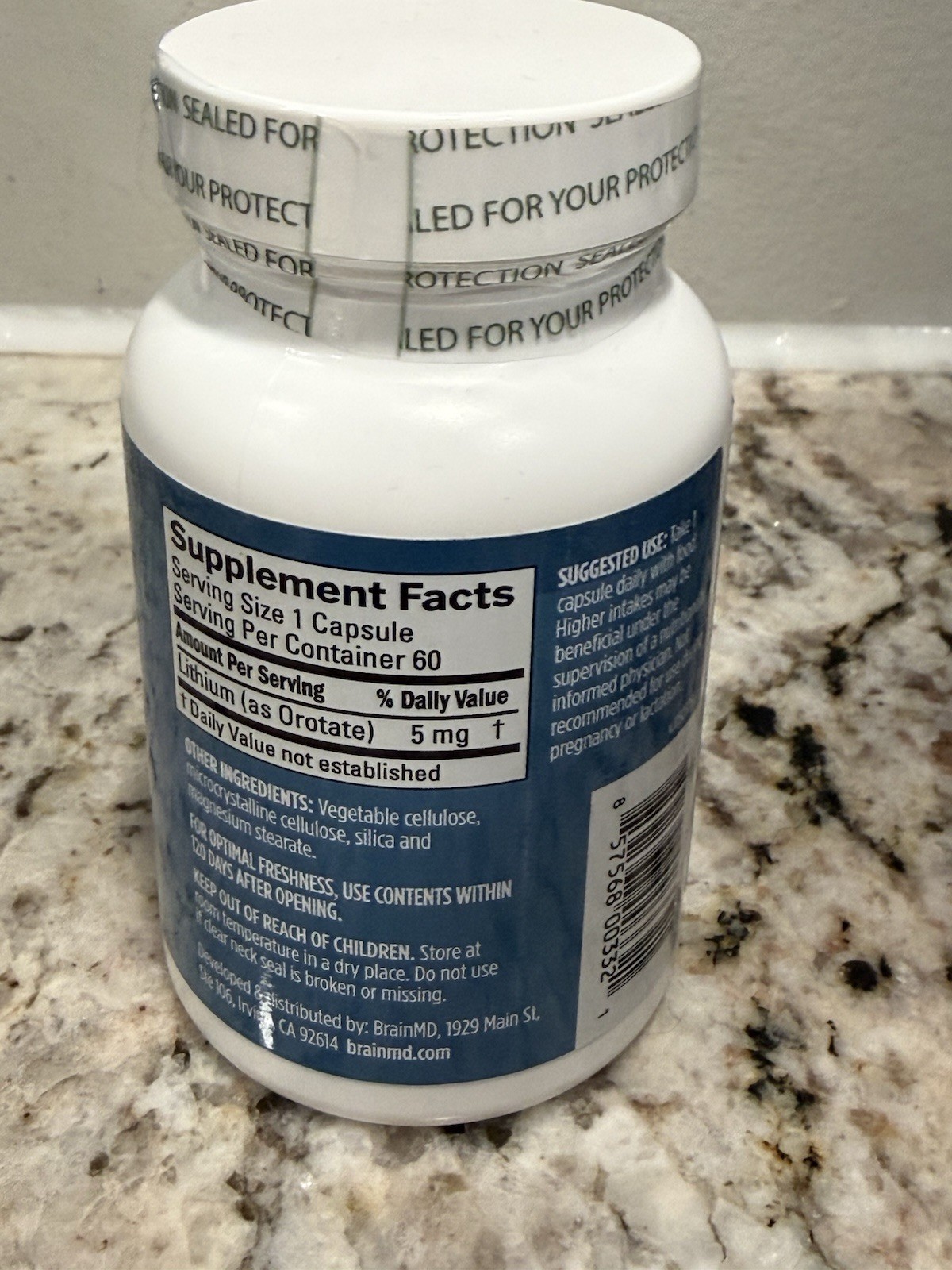 Brain MD Lithium Orotate Capsules Vegan, 60ct, Mood Cognition Support