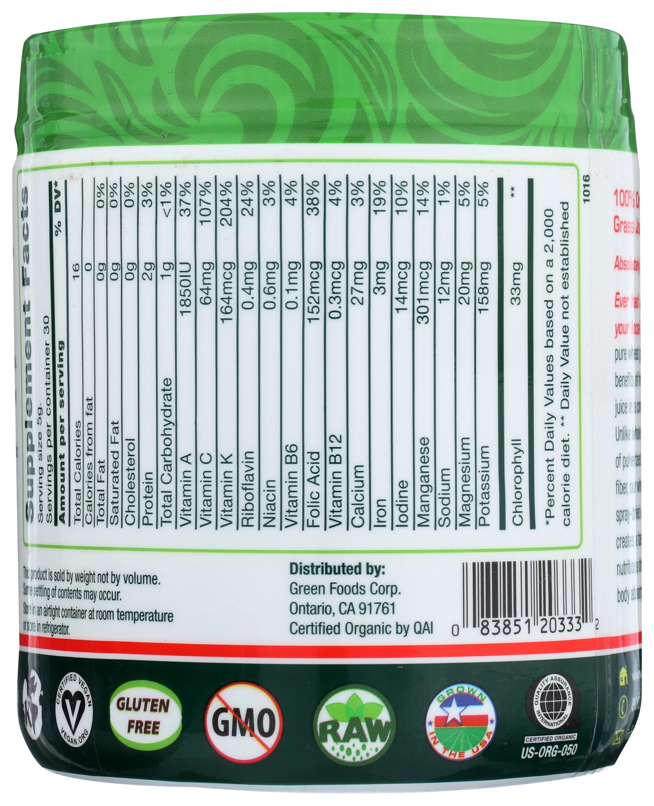 Organic Wheat Grass Shots Green Foods Dietary Supplement 5.3 Oz Powder 1 Pack
