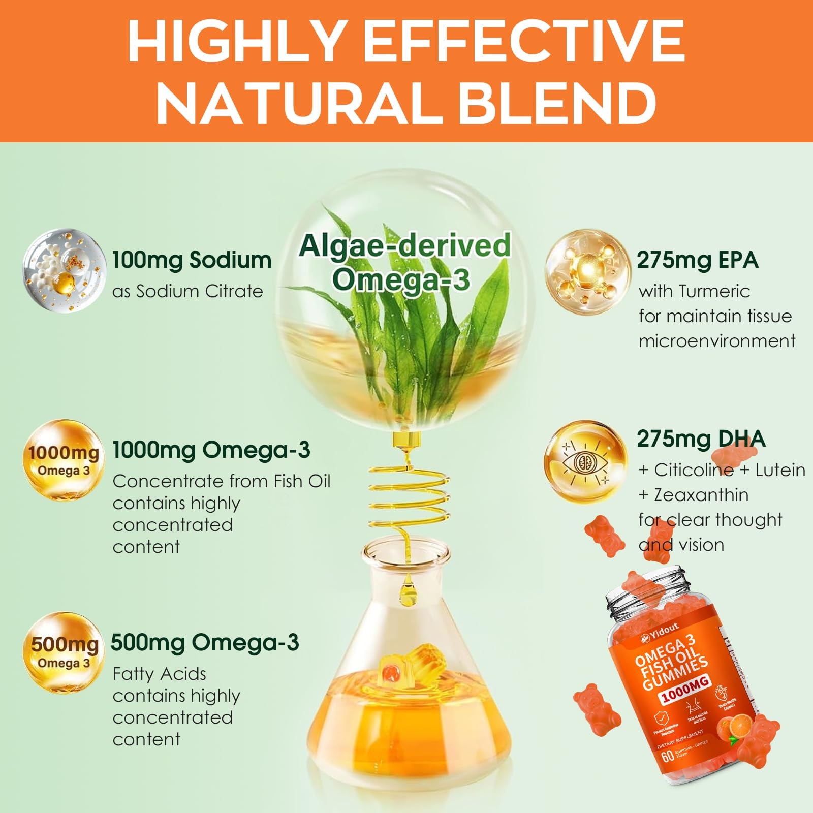 Yidout Omega 3 Fish Oil Gummies Delicious Orange Flavor Fish Oil Gummy