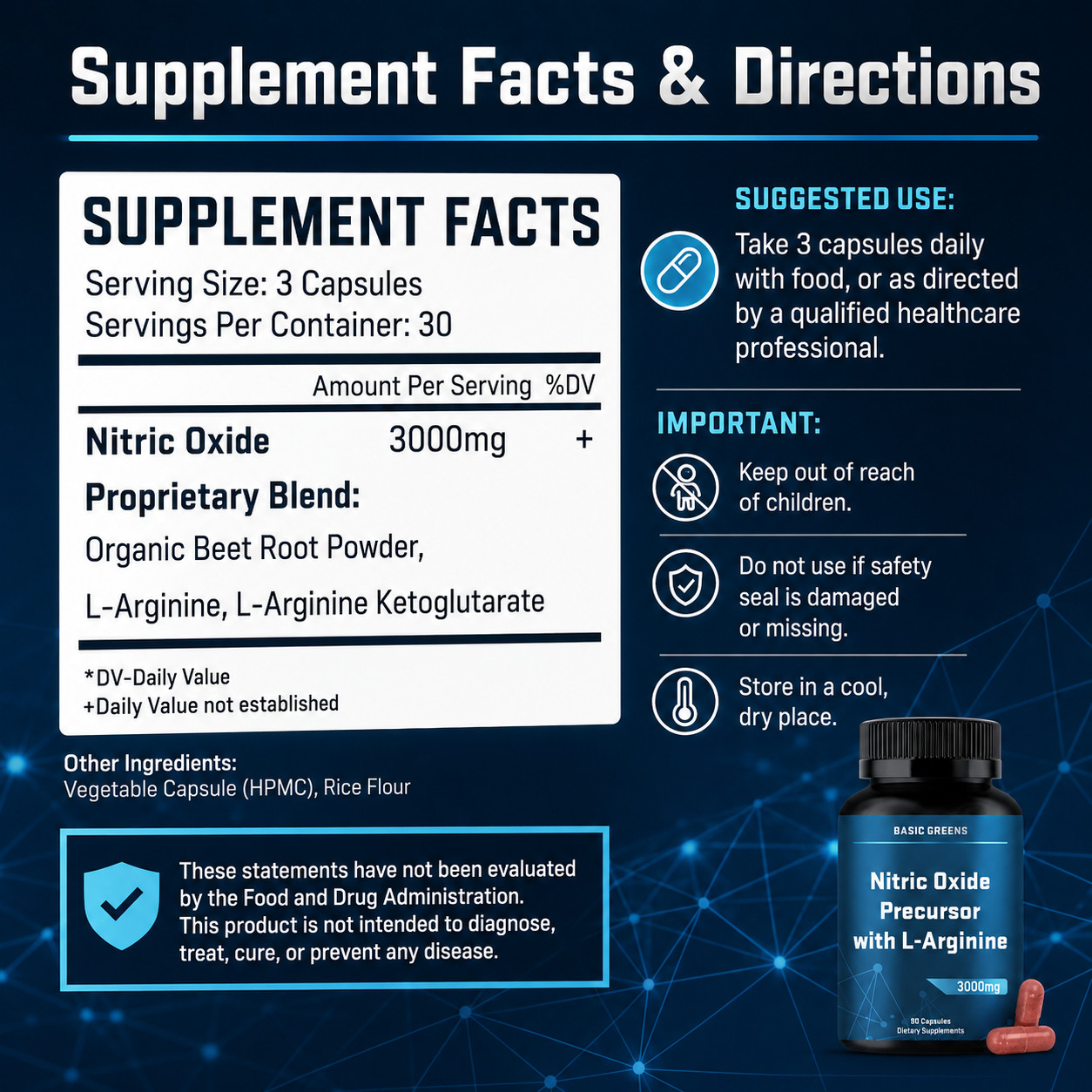 BASIC GREENS L-Arginine 3000mg Nitric Oxide Supplement Beet Root Vegan 90 Caps