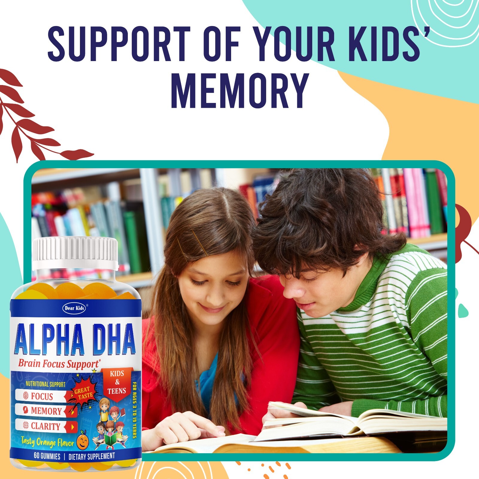 Brain Booster Memory Supplement Focus Gummies for Kids & Teens, Omega 3 & DHA 60