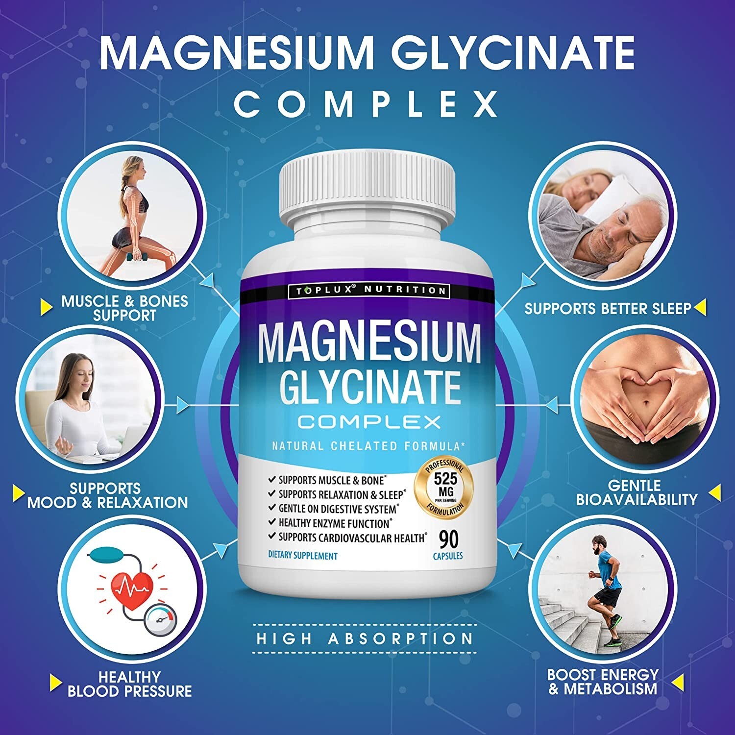 Magnesium Glycinate 525 MG Complex 90 Capsules125% DV High Absorption Magnesium