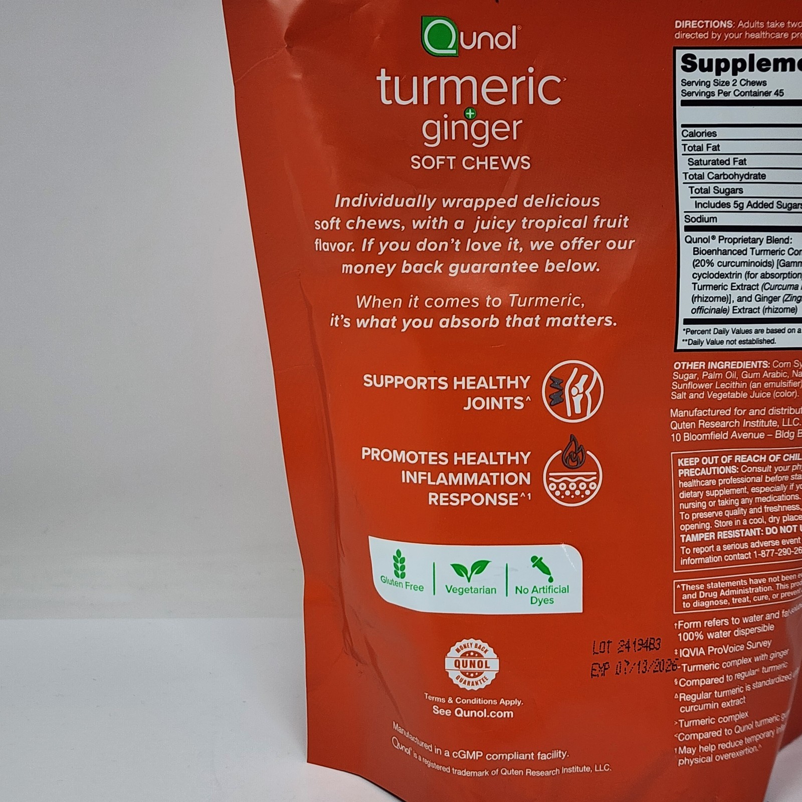 Qunol Turmeric + Ginger 750 mg Fruit Flavor 90 Soft Chews Exp 07/13/2026