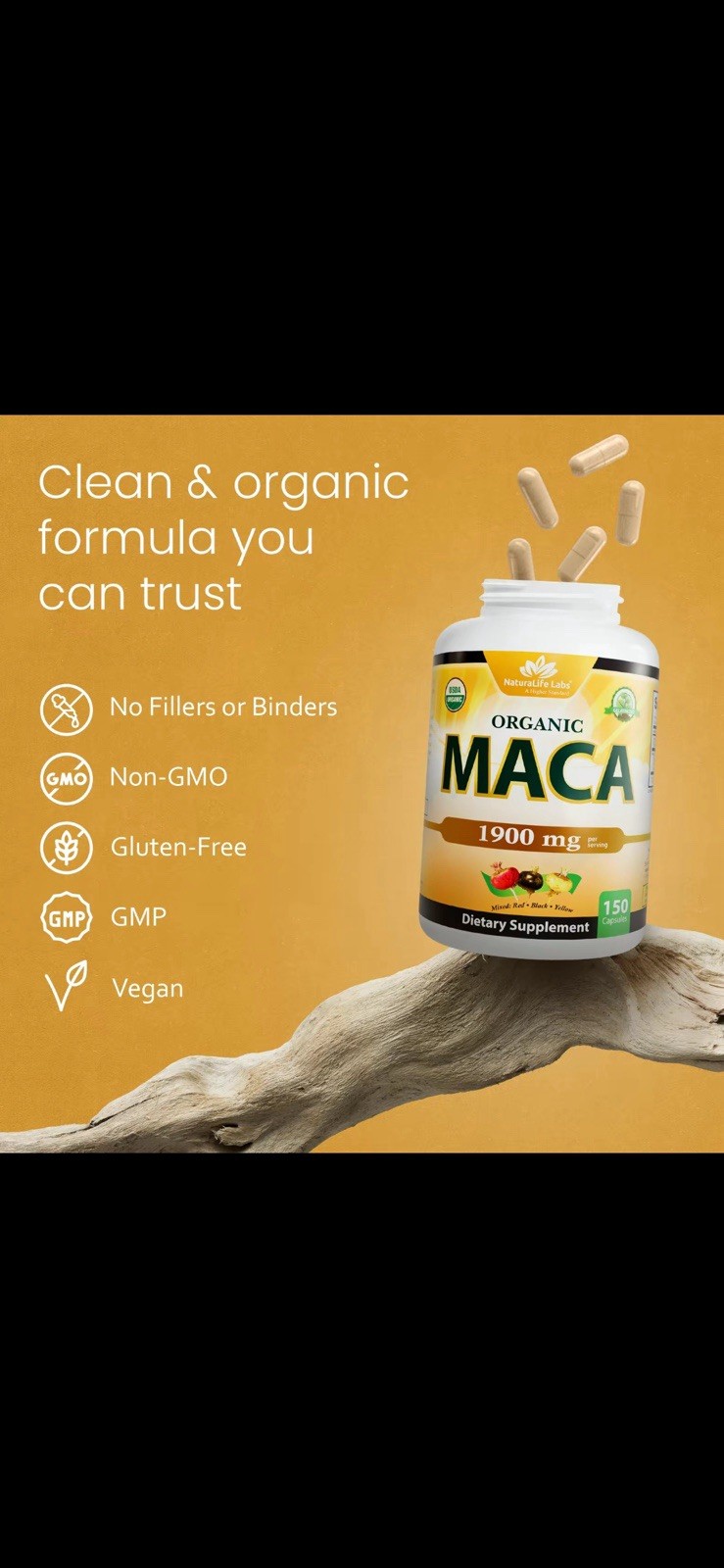 NaturaLife Labs Organic Maca 1900 mg 150 Capsules Vegan Gluten-Free Exp 03/2029