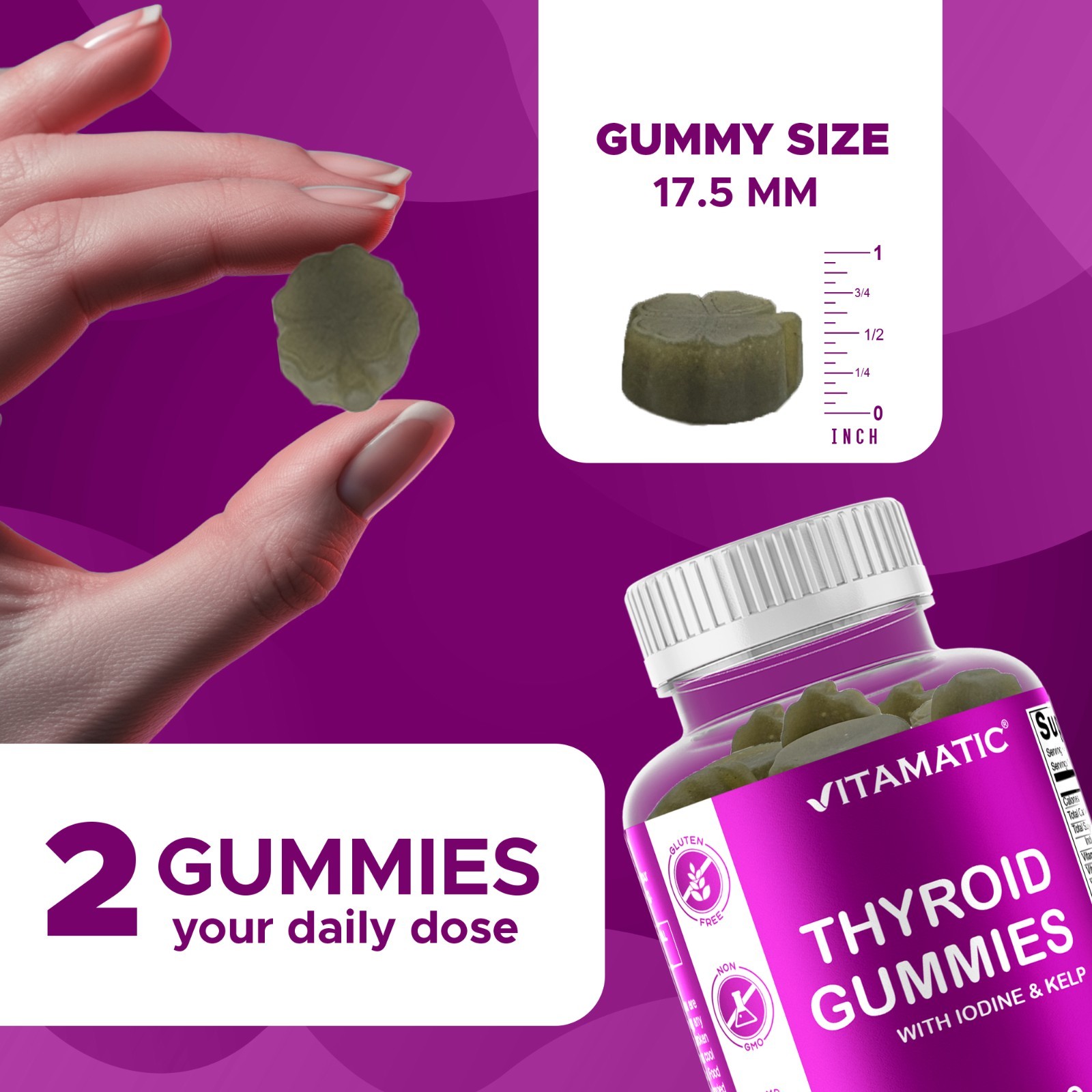 2 Pack Vitamatic Vegan Thyroid Support Gummies with Iodine & Kelp – 60 Count