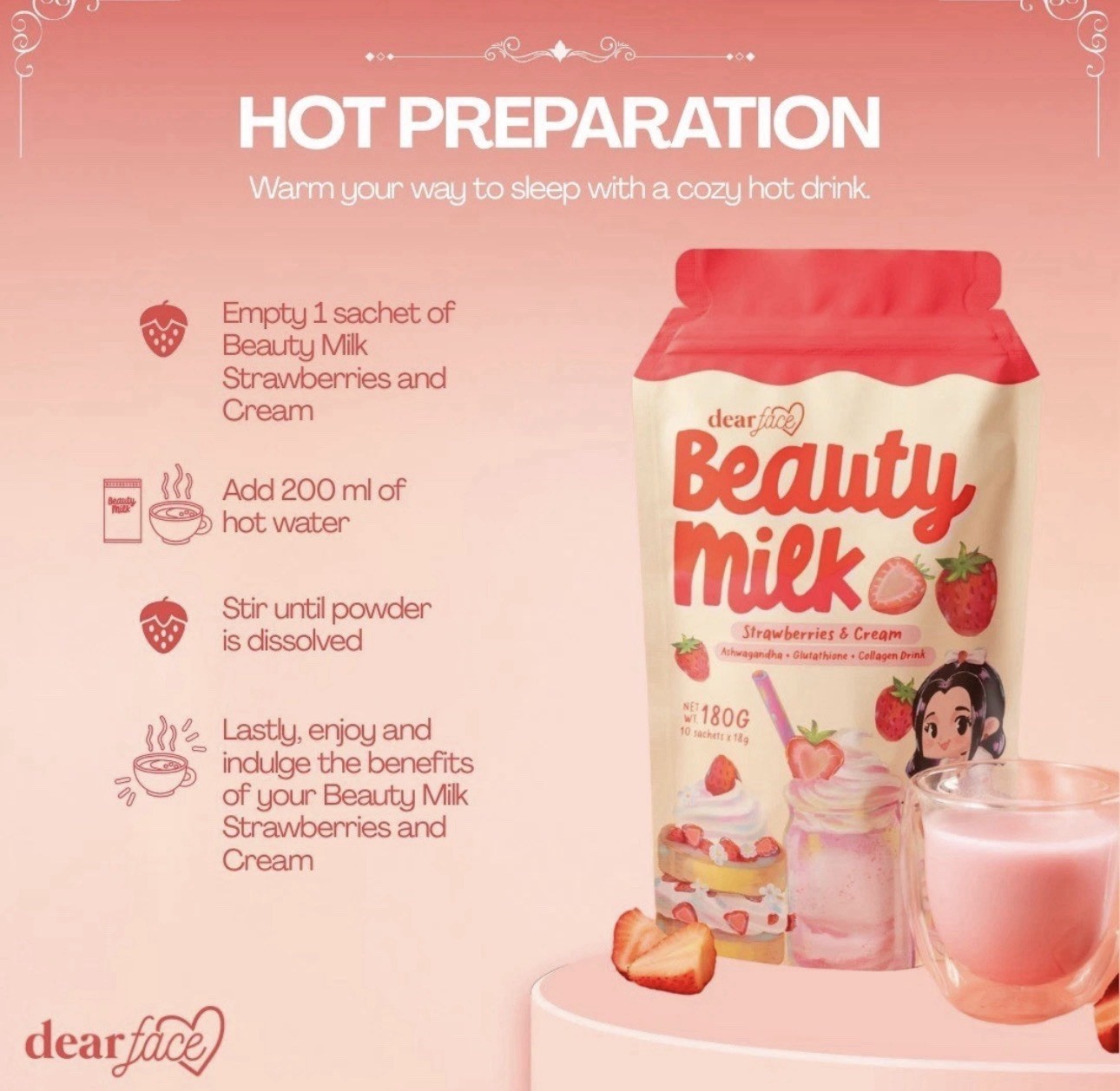 Dear Face Beauty Strawberries and Cream Collagen Drink, 10 Sachets x 18g