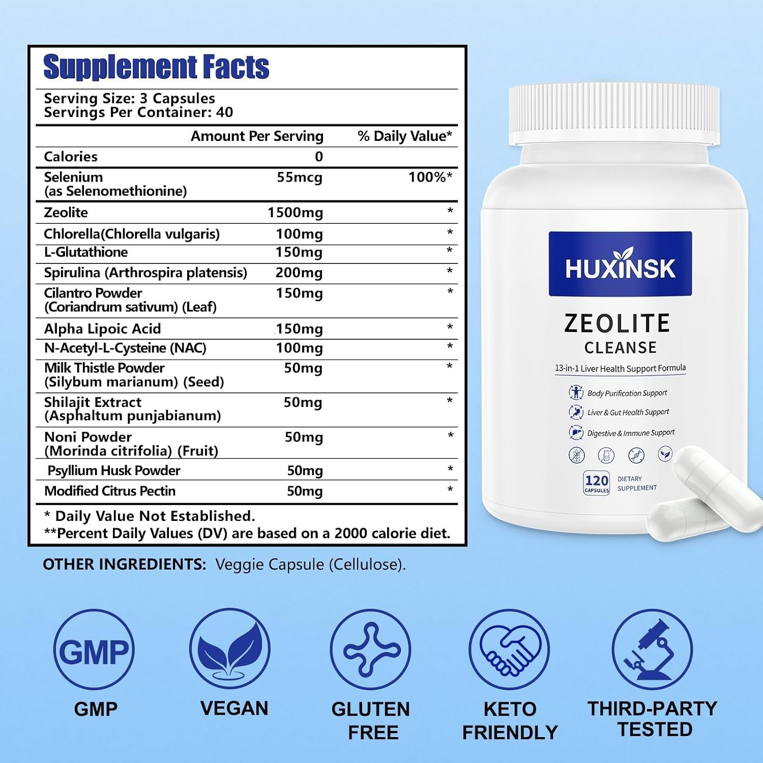 HUXINSK Zeolite Cleanse 13-in-1 Liver & Gut Detox Support – 120 Capsules 12/2027