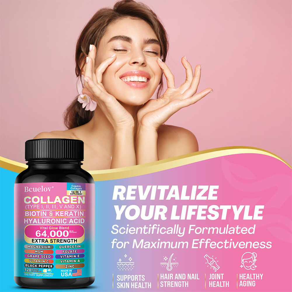 COLLAGEN PEPTIDES Types I,II, III, V, X 64,000mcg Pills Anti-Aging Skin Capsules