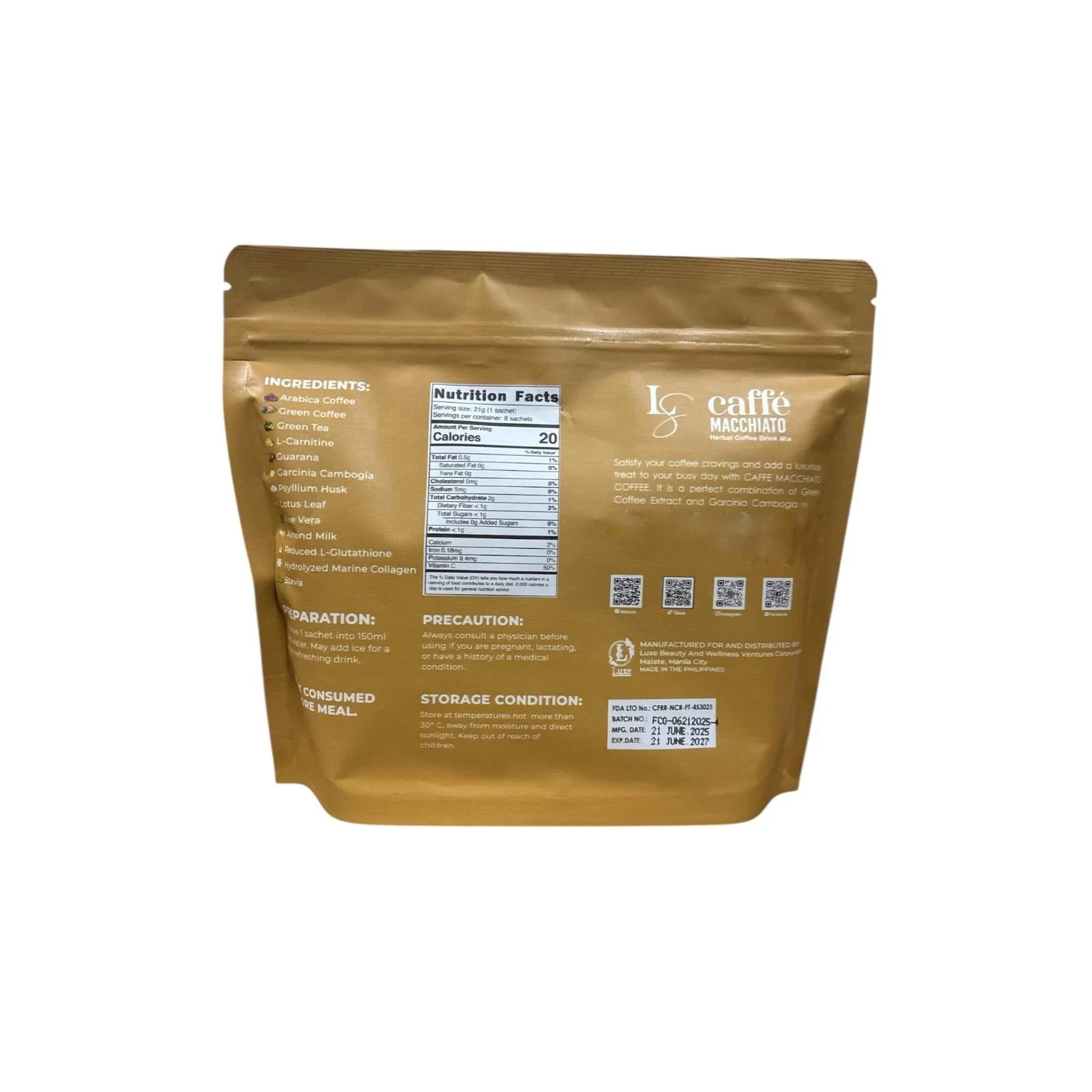Luxe Slim Caffe MACCHIATO With Collagen & L-Glutathione, 8 Sachets/ 168g