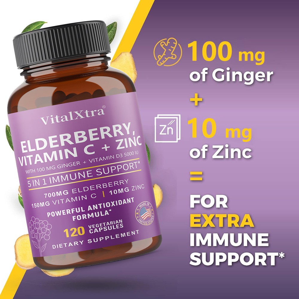 700mg Elderberry+Vitamin C,Zinc,VitaminD3 & Ginger & Immune Support 30~120 Caps