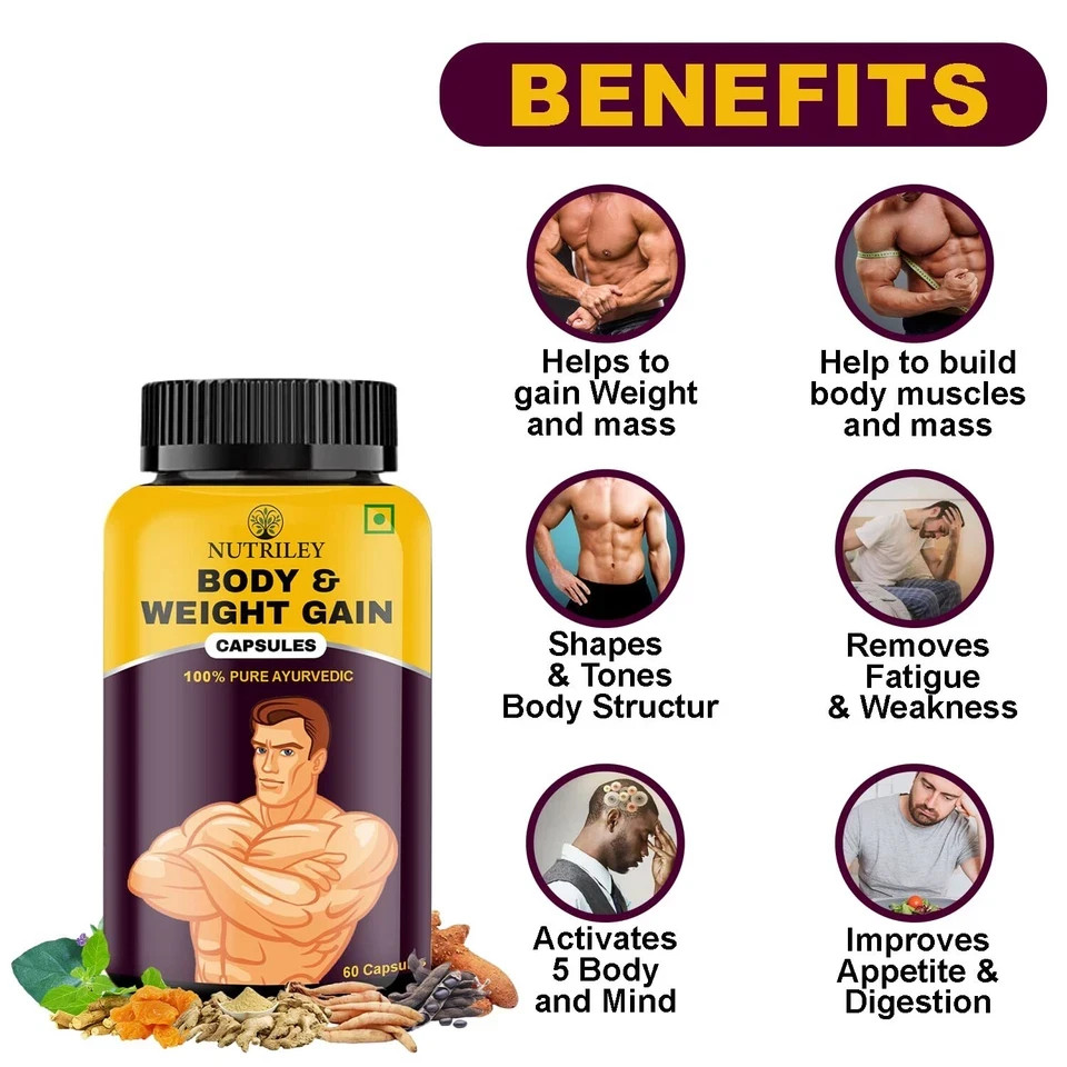 Nutriley Body And Weight Gain Capsules For Unisex Set Of 60 Capsules – Pack of 1