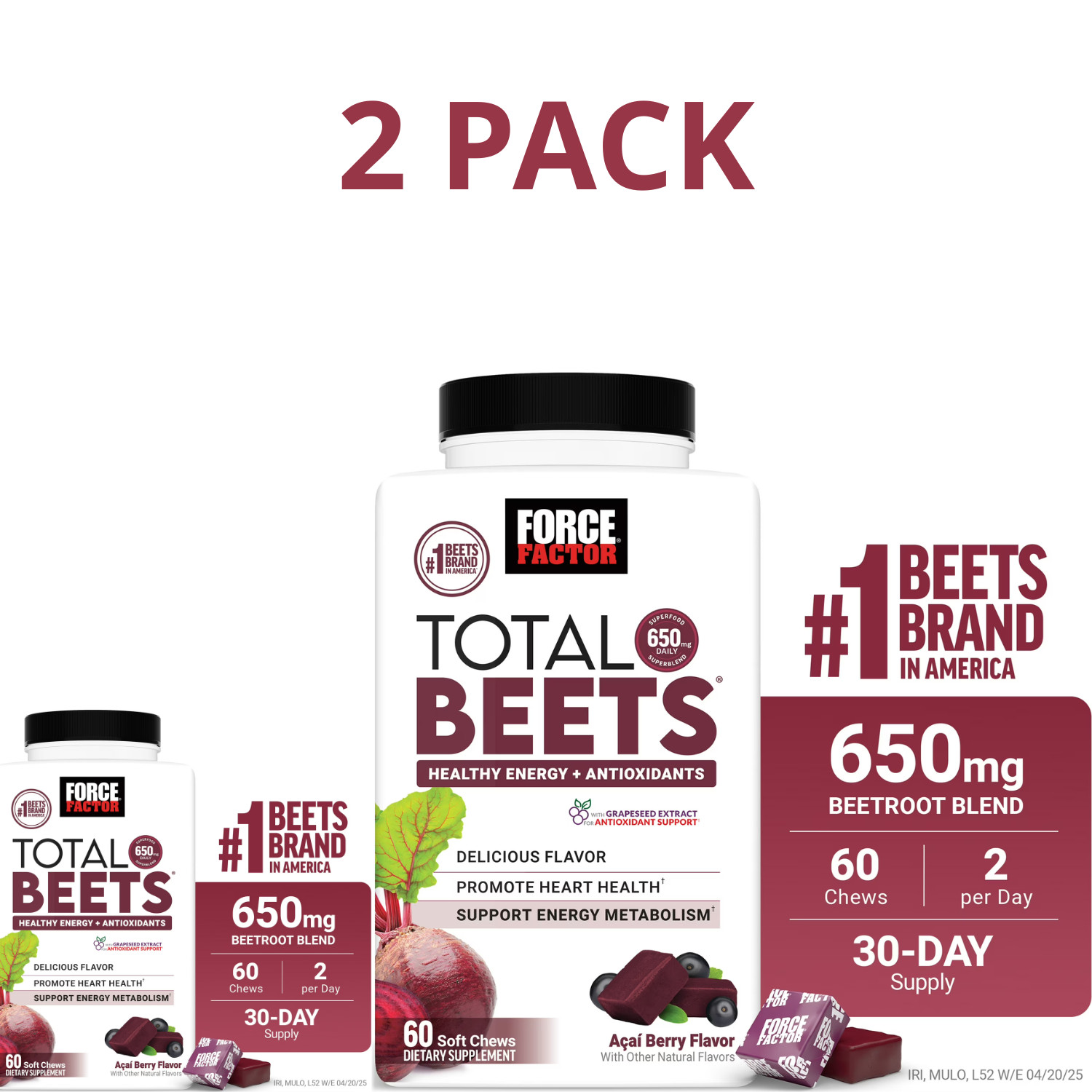 Force Factor Total Beets Soft Chews Beetroot 60 Chews Energy, 2 Pack