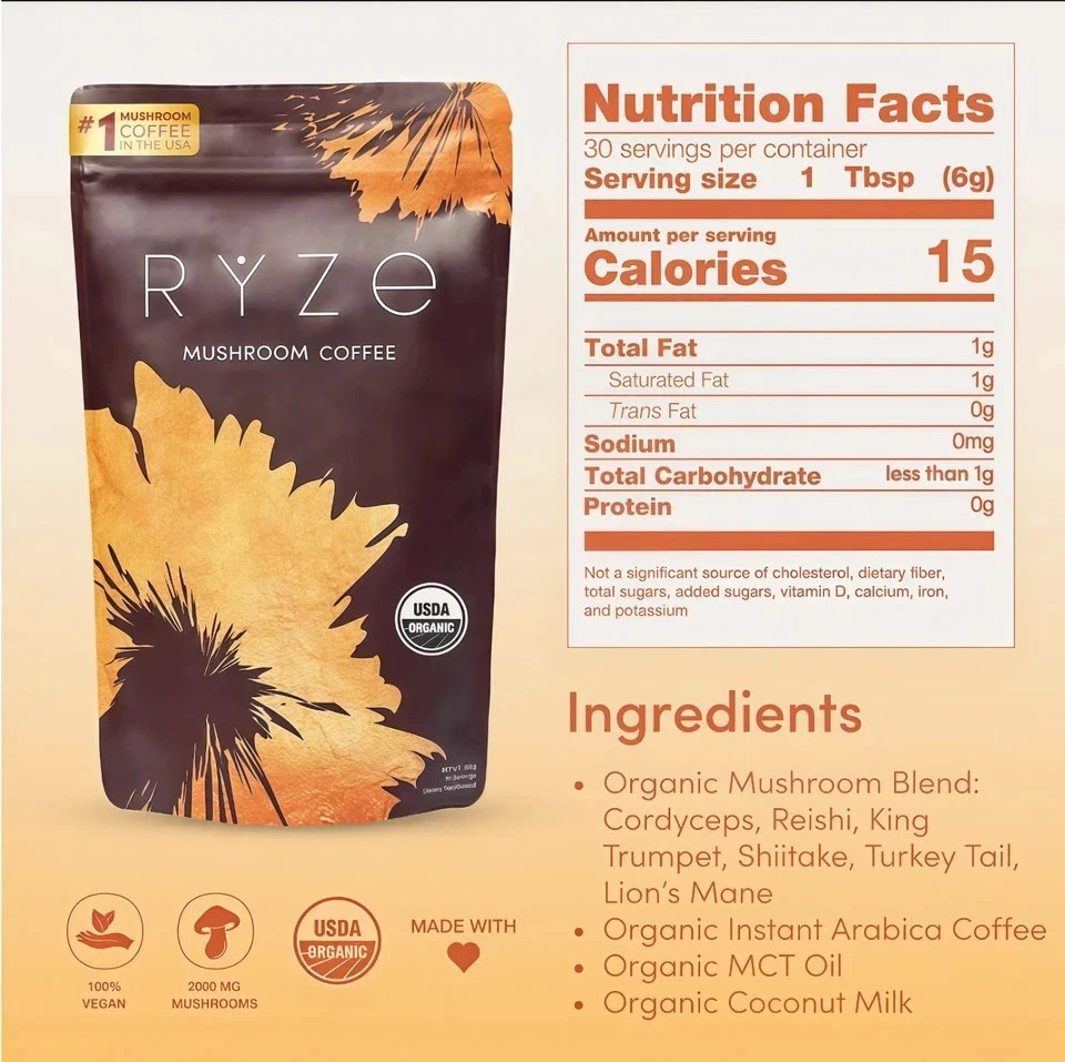 4 Pack Organic Ryze Mushroom Coffee 30 SERVINGS Instant Coffee New FREE SHIPPING