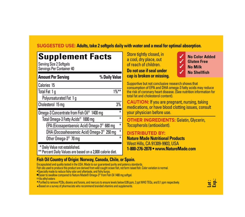 Nature Made Burp-Less Omega-3 from Fish Oil 1400 Mg Minis Softgels, 80 Count