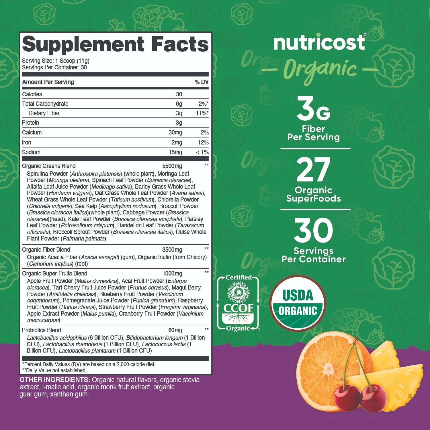 Nutricost Organic Super Greens Powder (30 Servings) Mixed Berry Flavor