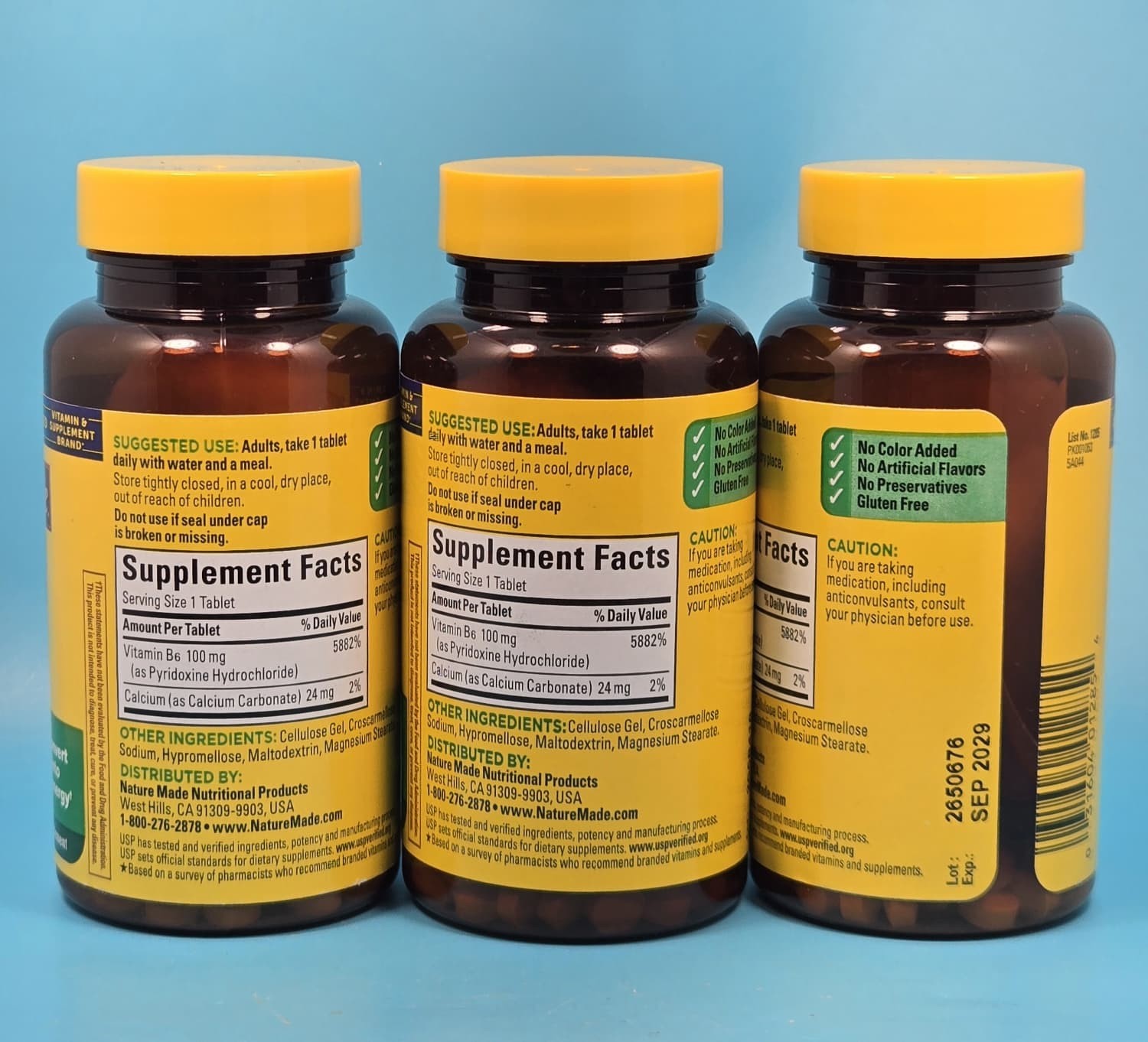 Lot Of 3 Nature Made Vitamin B-6 100 Mg, Tablets, 100-Count, Exp 09/2029+