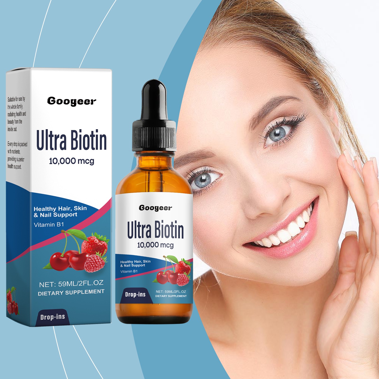 Ultra Biotin 10,000 mcg Liquid Supplement 59ml Hair Skin Nails Vitamin B1 Drops
