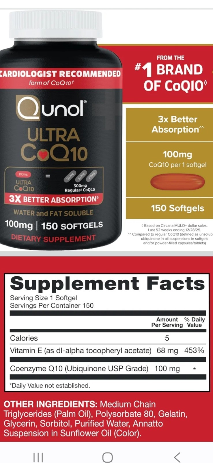 Qunol Ultra CoQ10 100mg Water & Fat Soluble Softgels, 90 Ct