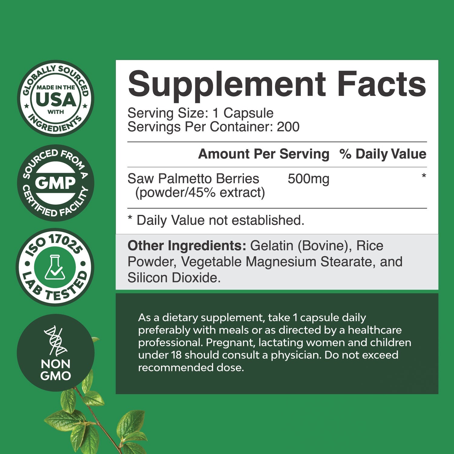 Extra Strength Saw Palmetto Extract – Hair Growth and Urinary Support 200ct