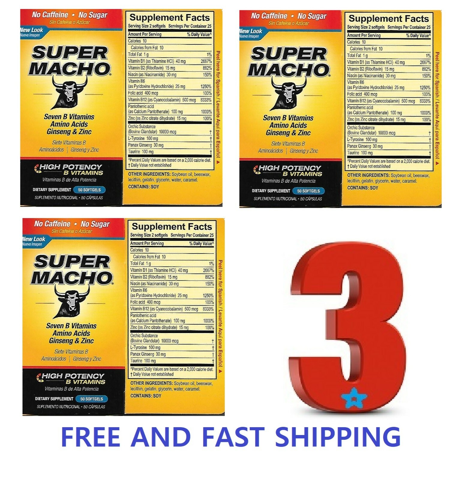 Super Macho Dietary Supplement High Potency B Vitamins | 50 Count Ginseng & Zinc