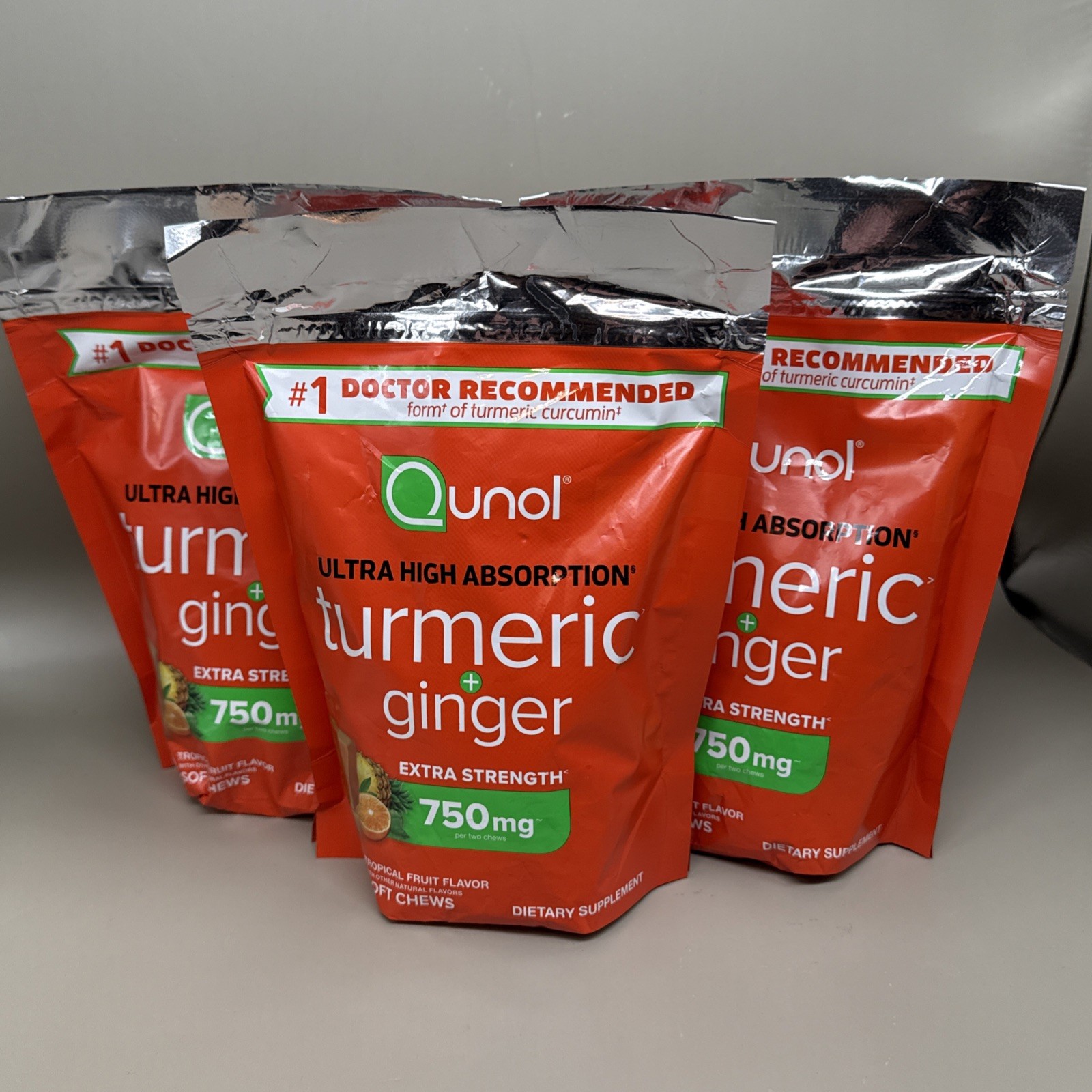 3 packs Qunol Turmeric + Ginger 750 mg Fruit Flavor 90 Soft Chews Exp 07/13/2026