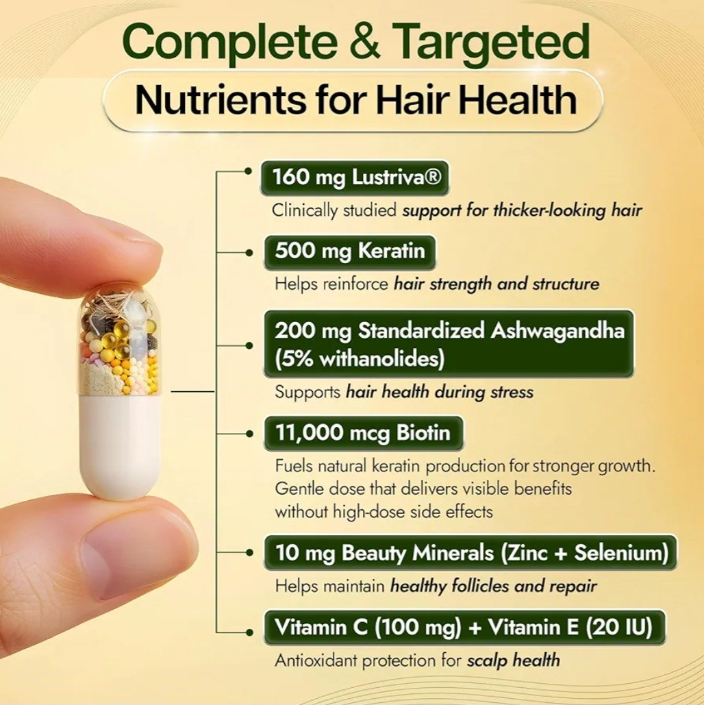 Benevolent Lustriva Hair Growth Supplement Hair Vitamins Keratin Biotin 90 Caps