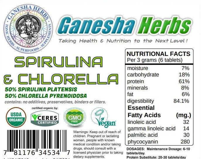Chlorella & Spirulina 500mg Tablets 4 months supply Certified USDA ORGANIC!