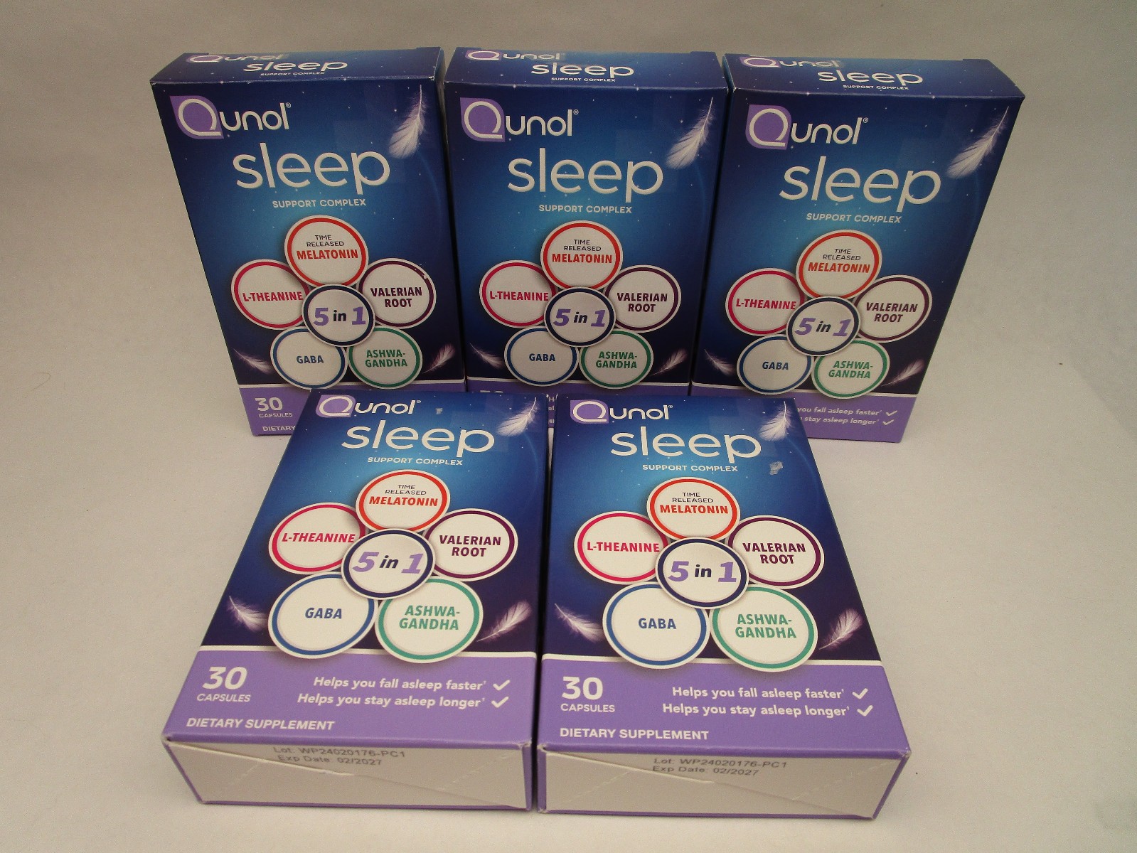 5 Packs- Qunol Sleep 5 in 1 Melatonin Ashwagandha GABA Valerian L-Theanine 30 Ct