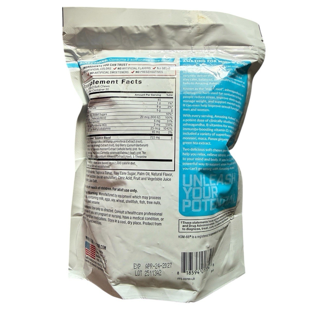 Force Factor Amazing Ashwa S.Chews KSM-66 Ashwagandha Stress Support 04/2027