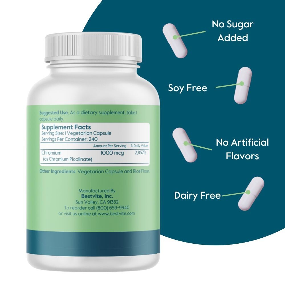 Chromium Picolinate 1000mcg (240 Vegetarian Capsules) – No Stearates – Vegan
