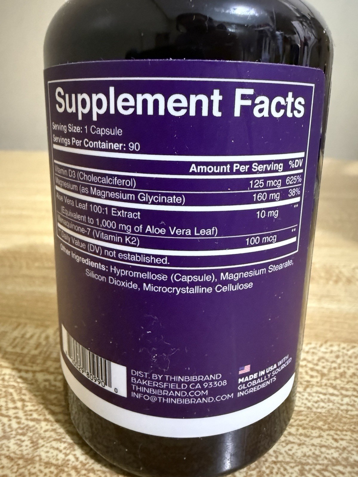 Thinbi Magnesium Glycinate 1160mg Aloe Vera, D3 & K2 90 count 1 A Day Sealed