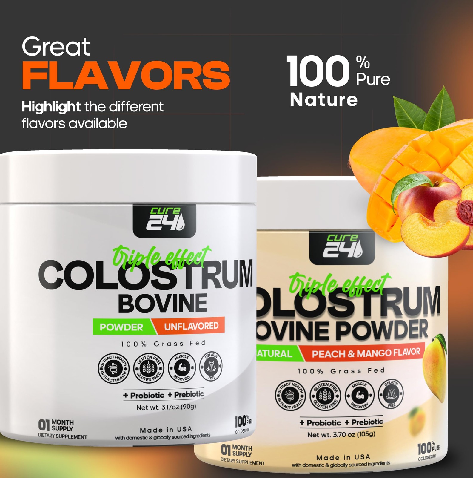 Cure24 Bovine Colostrum X3 Supplement Powder for 3.17 Ounce (Pack of 1)