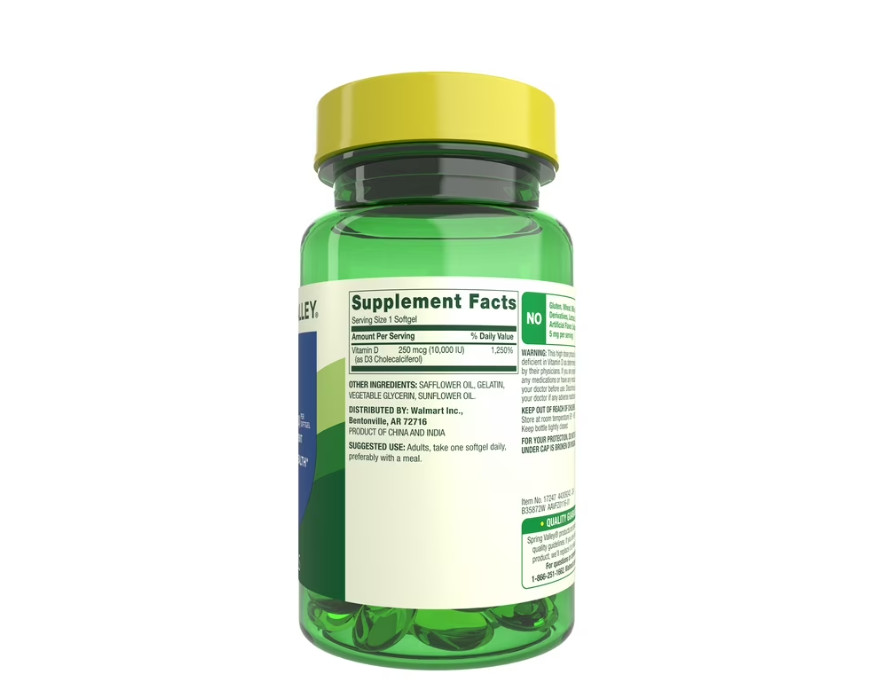 Spring Valley Extra Strength Vitamin D3 250 mcg 10000 IU Softgels 200 Ct, 3PK