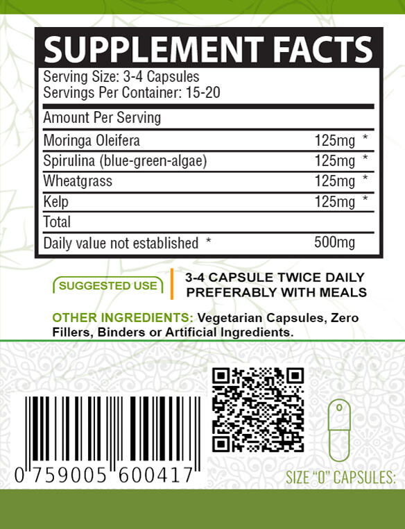 PURE ORGANIC SUPERFOOD-MORINGA SPIRULINA WHEATGRASS KELP VEGGIE CAPSULES (500mg)