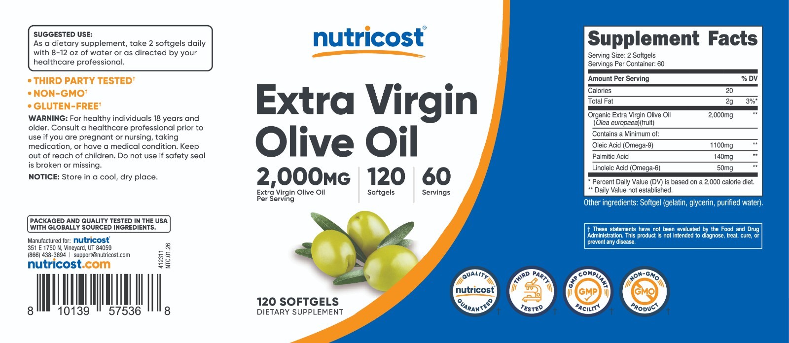 Nutricost Extra Virgin Olive Oil Supplement (2,000mg) 120 Softgels – Gluten-Free