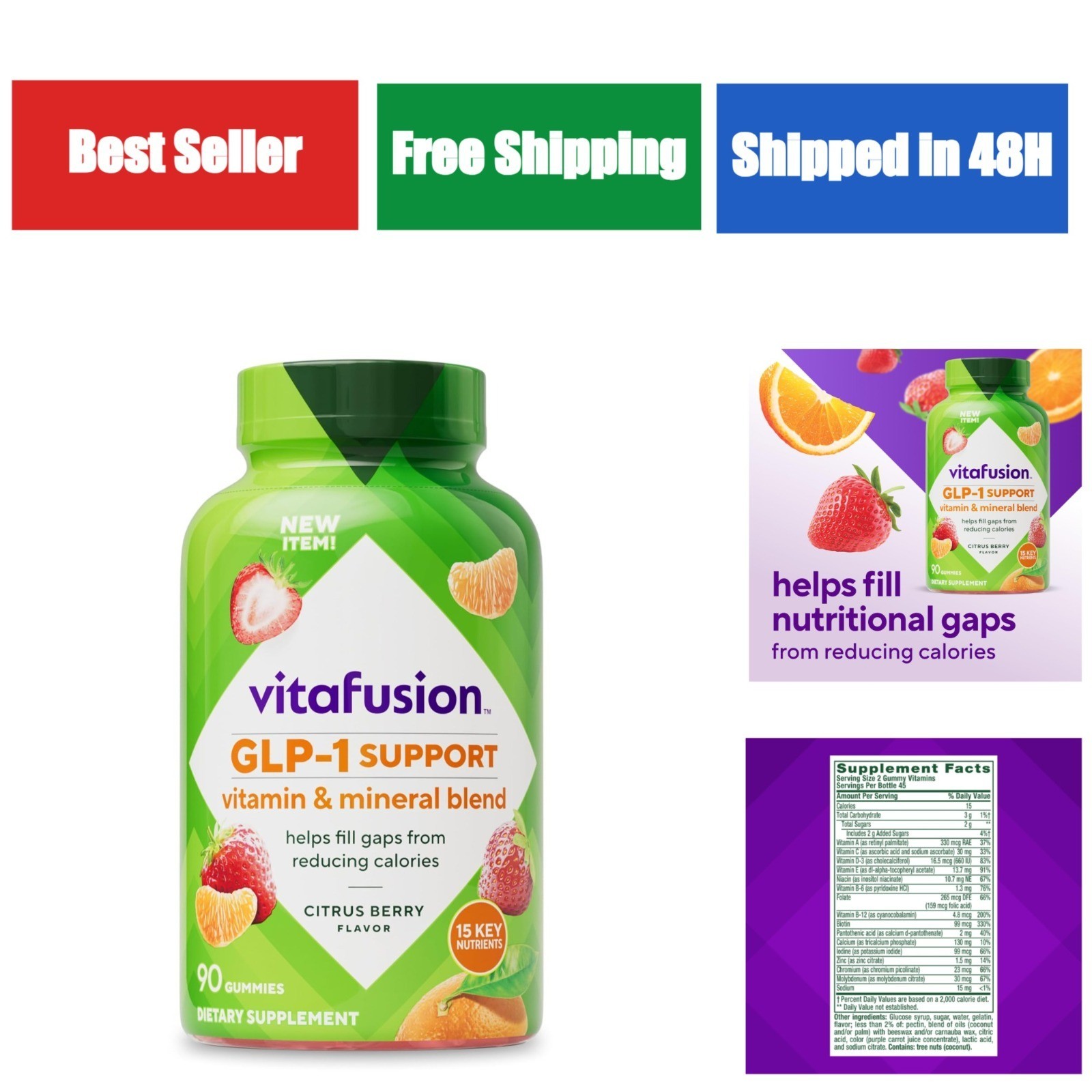 Vitafusion GLP-1 Support Multivitamin Gummies 90 Count Citrus Berry Flavor