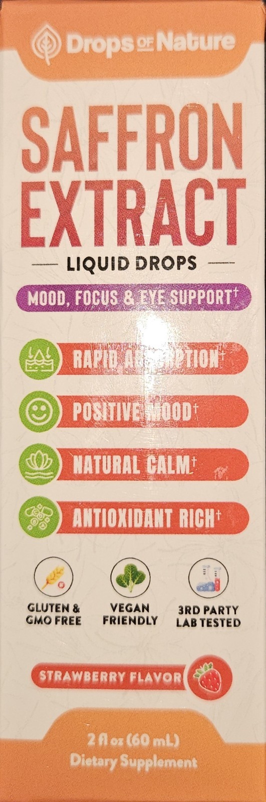 Drops Of Nature Pure Saffron Extract Supplement Liquid 2 fl oz Strawberry Mood