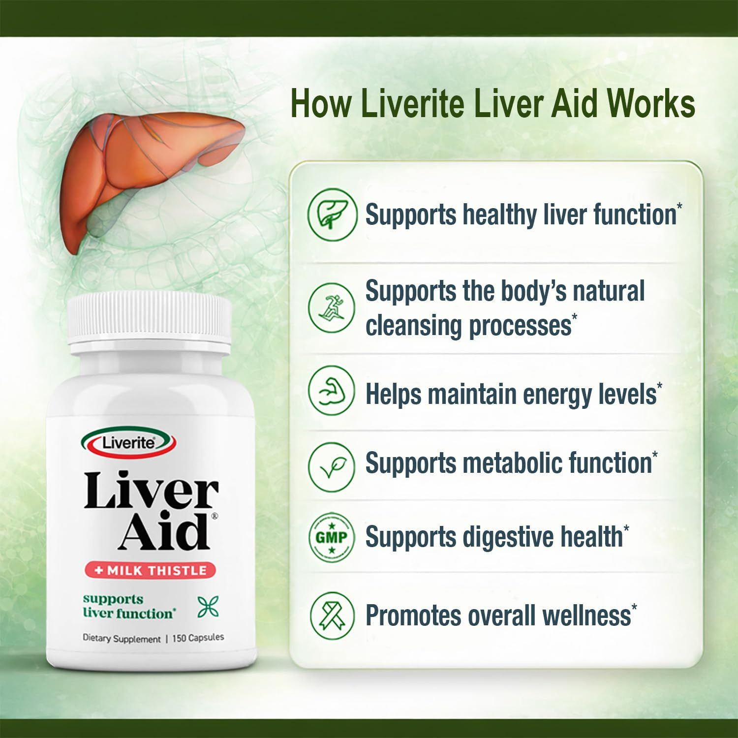 LIVERITE Liver Aid with Milk Thistle 150 150 Count (Pack of 1), Brown