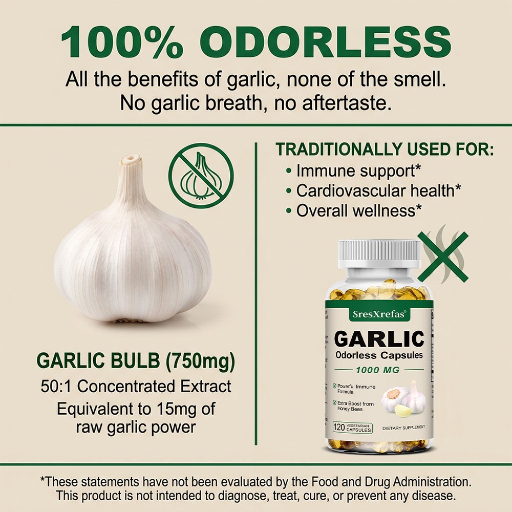 SresXrefas Odorless Garlic Daily Wellness Dietary Supplement 30/60/120 Capsules